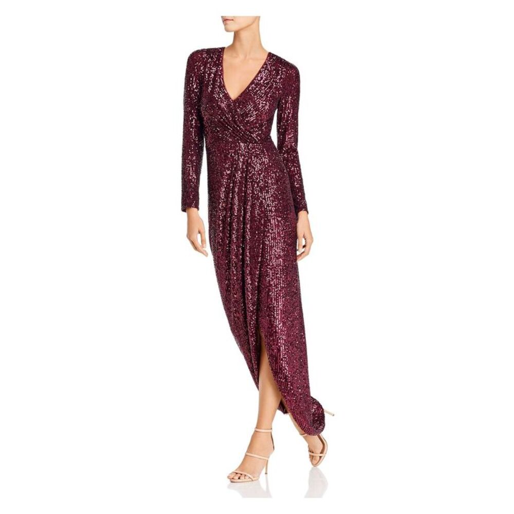 NWT AQUA DRESSES Womens Burgundy Lined Long Sleeve Faux Wrap Dress 6